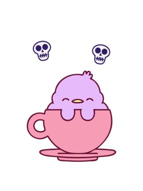 parlak renkli çay fincanında oturan sevimli bir yavru kuşun çizgi filmlerinin kafatası animasyonları.