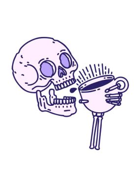 Dövmenin titreşimli animasyonu geleneksel bir kafatası tarzında kahve içiyor.