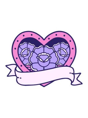 Basınç, ikonik dövme tarzında bir kalp ve çiçekli pankartın canlandırması