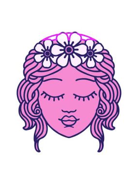 Dövmenin animasyonunu canlandırın. Geleneksel kadın yüzü tarzında, gözleri kapalı.