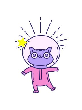 Parıldayan yıldızlar, astronot kostümlü geleneksel dövme stili bir kedinin canlandırmasını etkiler.