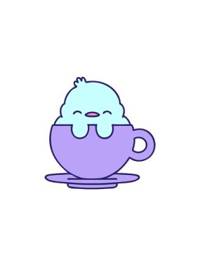 Çay fincanında oturan sevimli bir yavru kuşun radyoaktif parlak animasyonu.