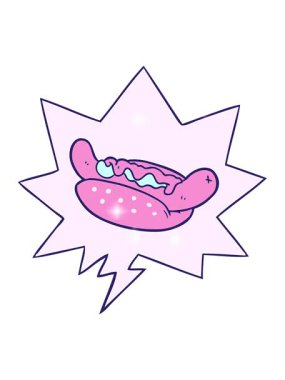 Çizgi filmin ışıltılı etkisi Konuşma baloncuklu taze lezzetli sosisli