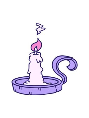 Parlak ışık efekti, el çizimi karikatür, mum tutacağı ve yanan mum.