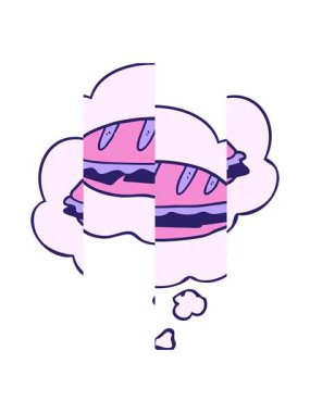 Karikatür peynirli sandviçin düşünce baloncuklu bölünmüş hareketi.