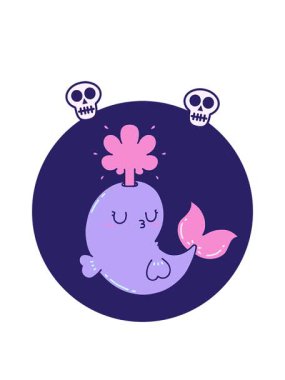 Dövme stili bir ikonun kafatası animasyonu mutlu bir balina karakteri fışkırtıyor.