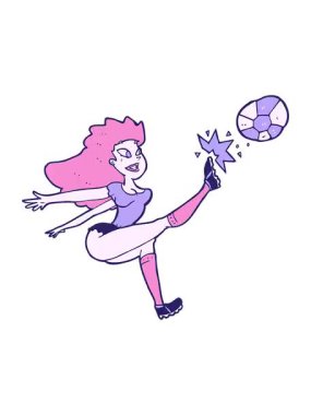 Karikatür kadın futbolcunun topa vuruşunun titreyen hareketi.