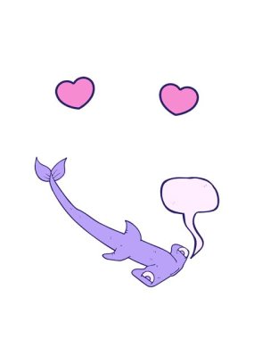 Serbest konuşma baloncuğu karikatür çekiç başlı köpekbalığının dönen kalpleri animasyonu