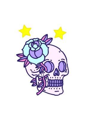 dönen yıldızlar bir kafatası ve gül desenli dövme animasyonu