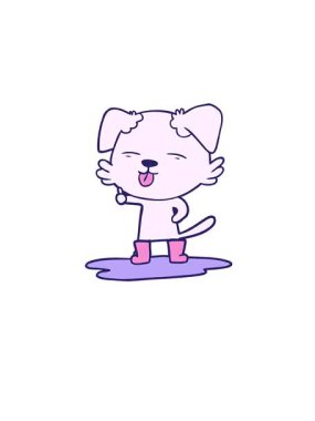 Kalk ve su birikintisine dilini sokan çizgi köpeğin animasyonunu yap.