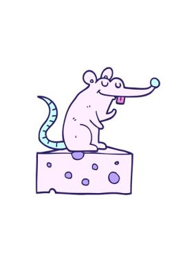 Çizgi film faresinin peynirin üzerinde otururken hareketli animasyonu