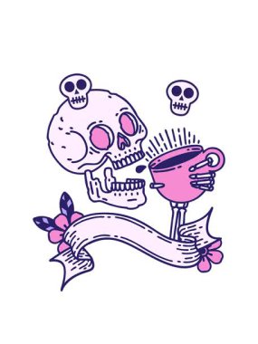 Kafatasını döndüren, geleneksel dövmeli, kafatası dövmeli, kahve içen.