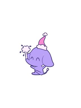 Yatay titreşimli, sevimli el çizgileri çizilmiş bir fil Noel Baba şapkası takarak su püskürtüyor.