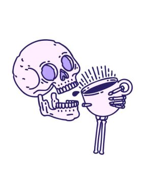 Dövmenin hareketli animasyonu geleneksel bir kafatası tarzında kahve içiyor.