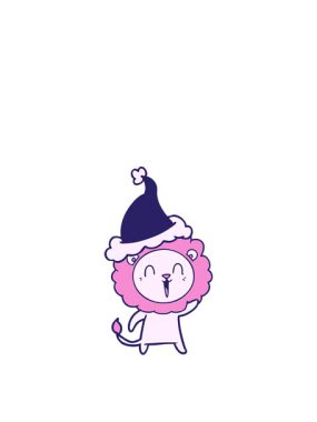 Kalk ve süzül. Gülen aslan elinin animasyonu. Çizgi çizilmiş Noel Baba şapkası.