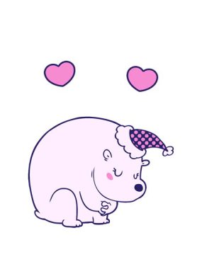 Noel Baba şapkası takan bir kutup ayısının çizgi roman stili canlandırmasının dönen kalpleri.