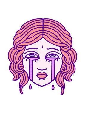 Dövmenin titreşimli animasyonu geleneksel kadın yüzü tarzında parlak bir renkle ağlıyor.