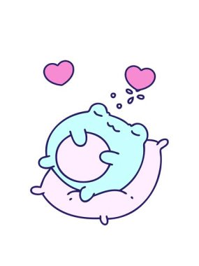 Yastığın üzerinde uyuyan sevimli bir kurbağanın karikatürü.