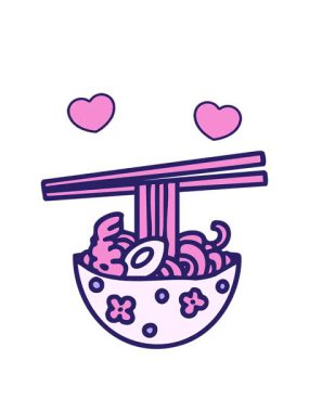 Japon yemeklerini yemek çubuklarıyla desenli kasede döndüren kalp animasyonu.