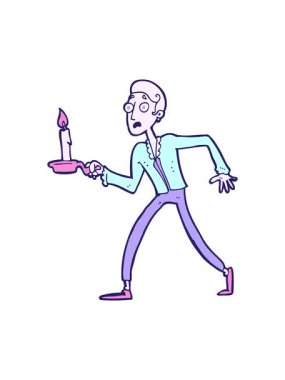 Karikatür animasyonunu pikselleştir. Korkmuş adam şamdanla yürüyor.