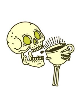 Dövmenin rengini değiştiren geleneksel bir kafatası kahve içen bir dövme.