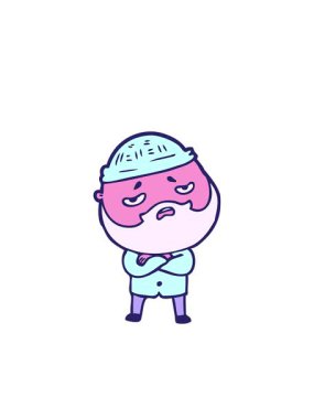 Yanıp sönen radyan çizgileri sakallı, endişeli bir çizgi film karakteri.