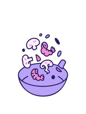 Kızarmış karides ve mantar Brezilya yemeği çiziminin animasyonunu genişletiyor.