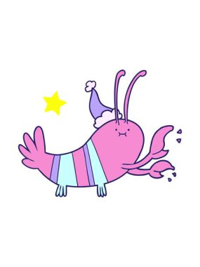 Parlayan yıldızlar, Noel Baba şapkası takan bir ıstakozun el çizimi çiziminin animasyonunu etkiler.