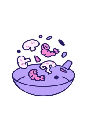 Kızarmış karides ve mantar Brezilya yemeği çiziminin hareketli animasyonu