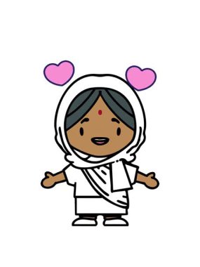 Geleneksel giysiler içinde kollarını açmış Hintli bir kadının dönen kalp animasyonu.