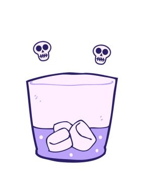 Çizgi film karakteri kafatası animasyonu bardakta içki içiyor.