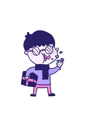 Çizgi film karakterinin animasyonunu genişletiyorum. Gözlük takıp Noel hediyesi takıyorum.