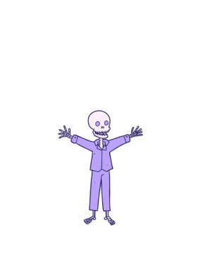 Kalk ve karikatür iskeletinin pijama giyip havada süzül.