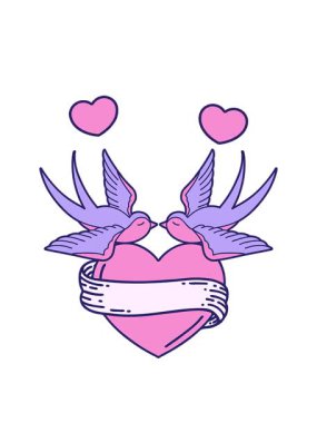 Kırlangıçların geleneksel tarzında dönen kalpler ve sancaklı bir kalp.