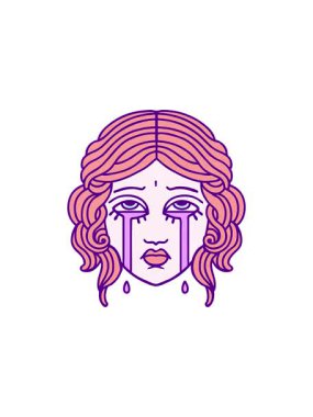 Geleneksel kadın yüzü tarzı dövmenin satışı flaş animasyonu. Parlak renkli ağlayan kadın yüzü.