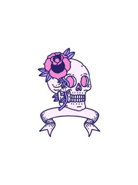 Geleneksel bir dövmenin kafatası ve gül pankartıyla canlandırılması