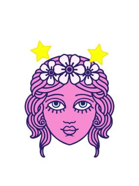 Dönen yıldızlar, geleneksel kadın yüzlü dövme animasyonları ve çiçek tacıyla.