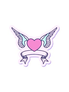 Kanatlı bir kalbin bayrağıyla dövme stili çıkartmasının dönen hareket animasyonu