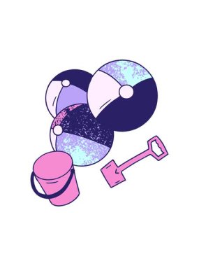 Bir kova ve kürek ile çizilmiş karikatür karikatür karalama plaj toplarının hareketli animasyonu