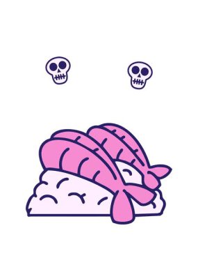 Kafatası animasyonu, pirinç üzerinde kızarmış Japon karidesi.