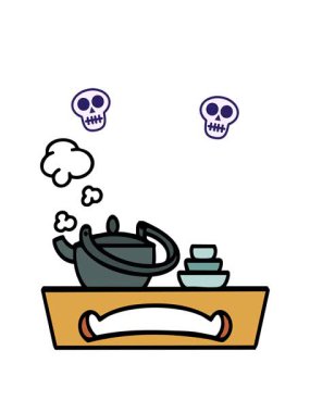 Japon çayının ahşap tepside dizilmiş kafatası animasyonu.