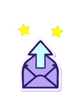 dönen yıldızlar üzerinde ok olan sevimli bir karikatür zarfının yapıştırmasının animasyonu