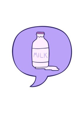 Dikkat çekici bir çizgi film karakteri. Konuşma baloncuklu taze süt.