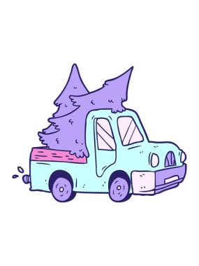 Karikatür kamyonetinin yılbaşı ağacı taşıyan basınçlı animasyonu