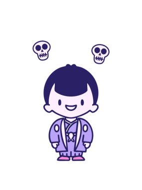 Geleneksel gelinlik giymiş Japon bir adamın kafatası animasyonu.