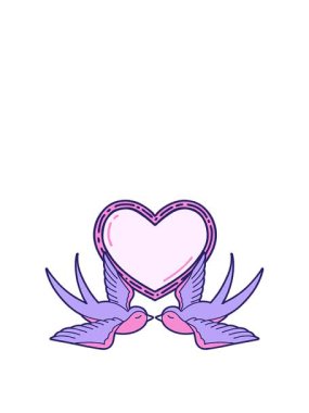 Dövme stili kırlangıçların çizimi ve bir kalbin animasyonu
