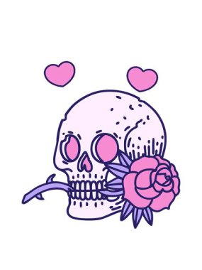 Kafatası ve gülün sembolik dövme görüntüsünün dönen kalp animasyonu