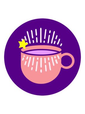 Parıldayan yıldızlar parlak renkli bir fincan kahvenin animasyonunu etkiler.