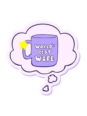 Parıldayan yıldızlar dünyanın en iyi eş kupasını yazılı etiket olarak düşünce baloncuğu ile canlandırır.