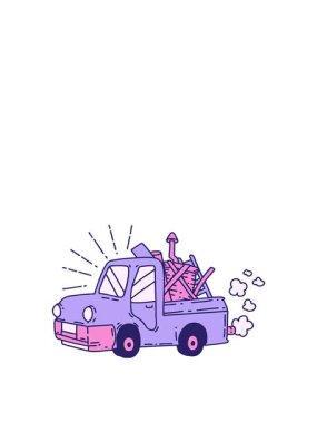 Geleneksel dövme stili bir kamyonun ıvır zıvırı taşıdığı animasyonu sergiliyor.